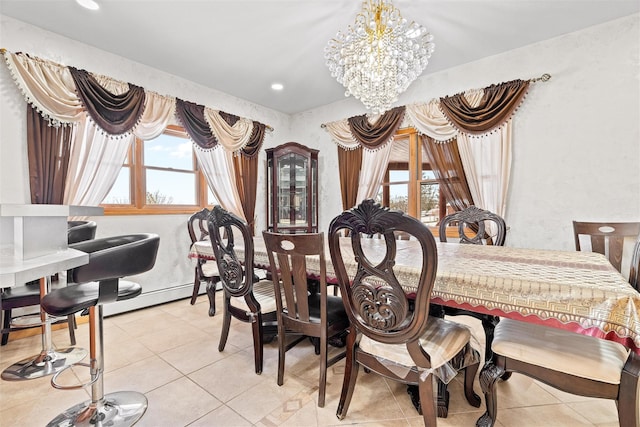 dining room with a chandelier, a baseboard radiator, light tile patterned flooring, and recessed lighting