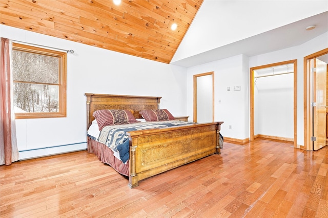 bedroom with light wood-style floors, wood ceiling, baseboards, and baseboard heating