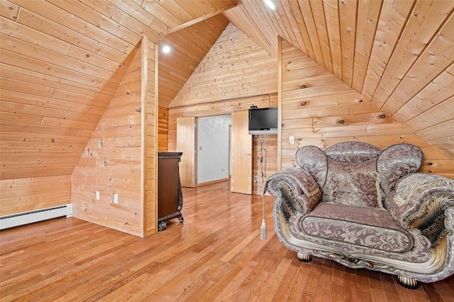 unfurnished room featuring lofted ceiling, wood walls, wood ceiling, and light wood-style flooring