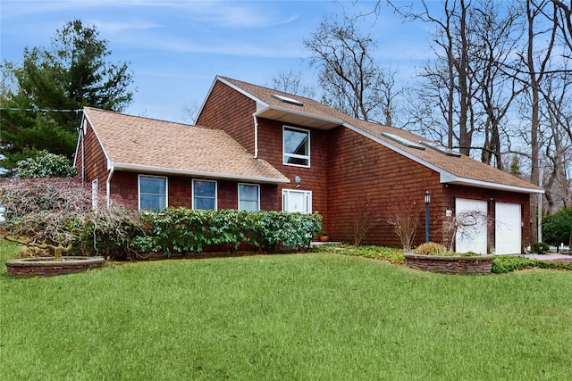 view of property exterior with a garage, a lawn, and roof with shingles