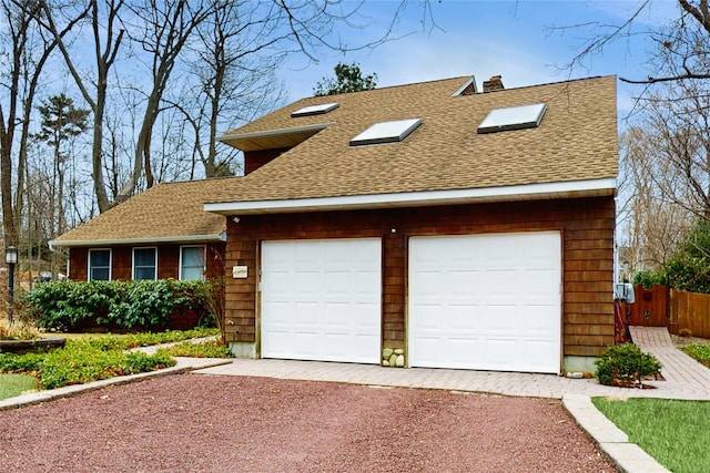 view of front of home with roof with shingles, a chimney, and fence