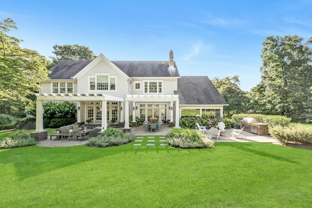 back of property featuring a chimney, french doors, a pergola, and outdoor lounge area