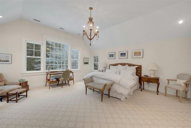 bedroom with baseboards, visible vents, an inviting chandelier, vaulted ceiling, and light colored carpet