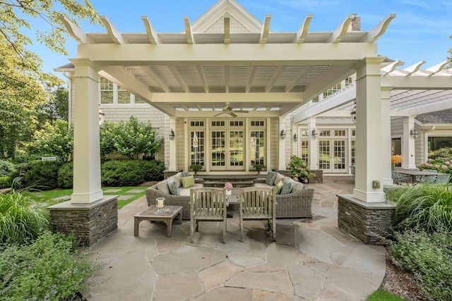 view of patio / terrace featuring french doors, a pergola, outdoor lounge area, and ceiling fan