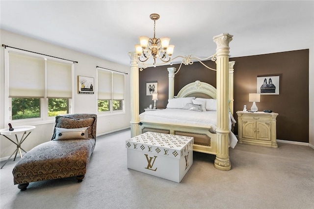 carpeted bedroom with a chandelier