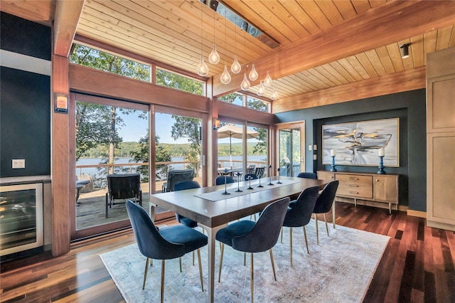 dining room with wooden ceiling, beverage cooler, a water view, dark wood-style floors, and beamed ceiling