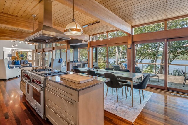 kitchen with open floor plan, pendant lighting, island range hood, and double oven range