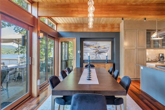 dining room featuring wood ceiling, wood finished floors, and beam ceiling