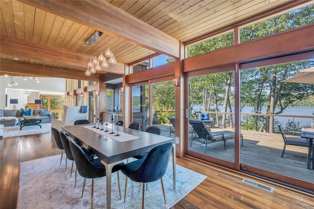 dining space featuring wood ceiling, beam ceiling, visible vents, and wood finished floors