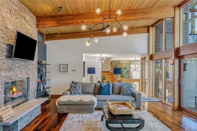 living area featuring a fireplace, a notable chandelier, dark wood-type flooring, wood ceiling, and beamed ceiling