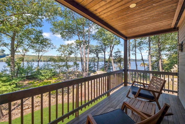 deck featuring a water view