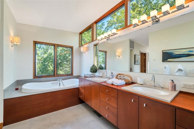 full bathroom featuring double vanity, a sink, and a wealth of natural light