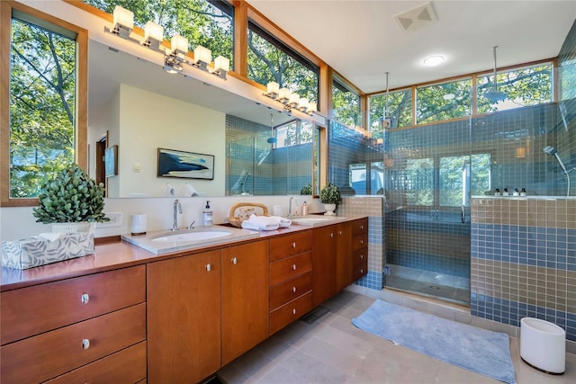 bathroom with a sink, double vanity, a shower stall, and a healthy amount of sunlight