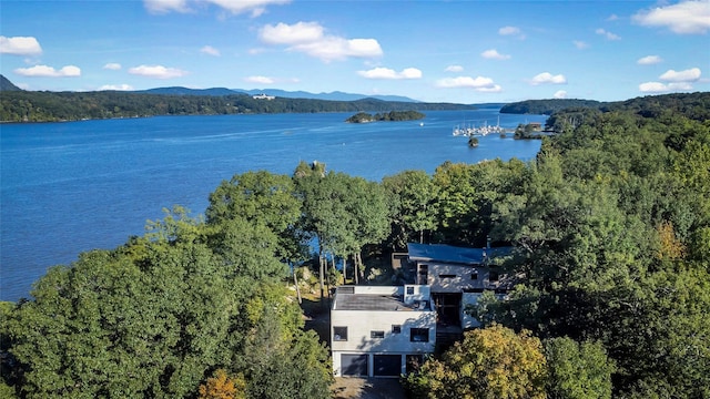 bird's eye view with a wooded view and a water and mountain view