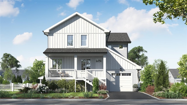 view of front of home with a porch, aphalt driveway, a garage, a shingled roof, and board and batten siding