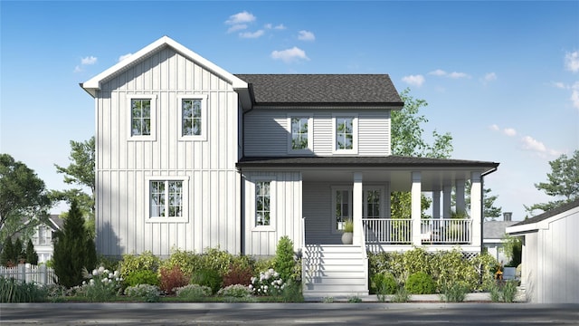 modern farmhouse featuring covered porch, a shingled roof, and board and batten siding