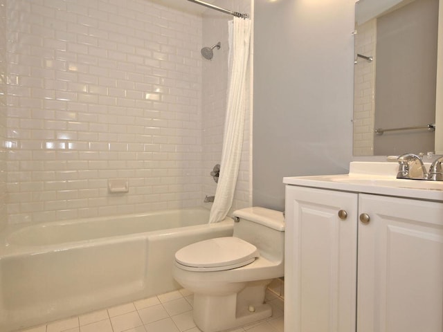 full bath featuring shower / bath combo with shower curtain, vanity, toilet, and tile patterned floors