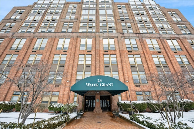 view of snow covered building