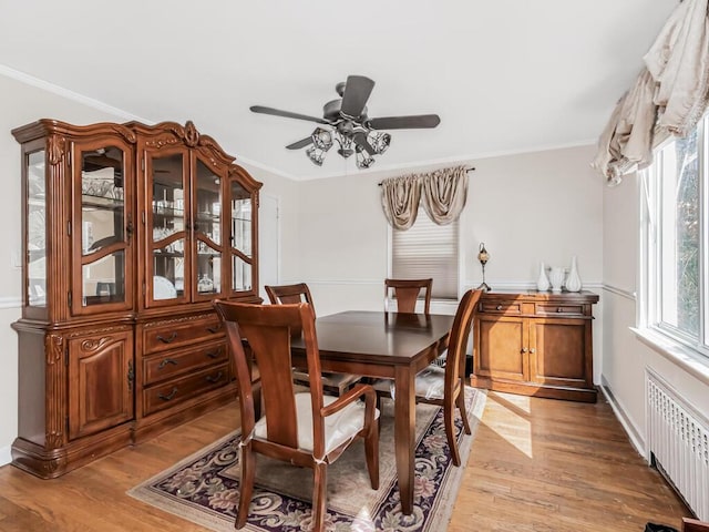 dining space featuring crown molding, radiator heating unit, and light wood-style floors