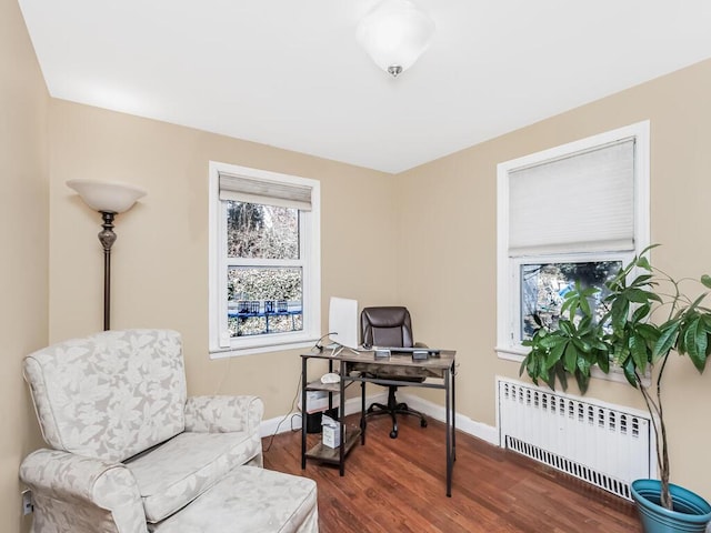 office area featuring baseboards, radiator heating unit, and wood finished floors