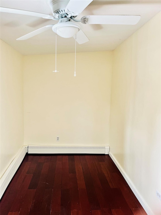 unfurnished room with baseboards, a ceiling fan, a baseboard radiator, wood finished floors, and baseboard heating