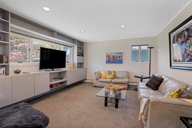 living area with crown molding, carpet flooring, baseboard heating, and recessed lighting