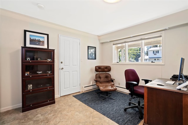 home office featuring a baseboard radiator, baseboards, and baseboard heating