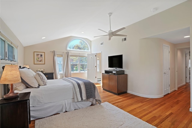 bedroom featuring lofted ceiling, light wood-style flooring, recessed lighting, ceiling fan, and visible vents