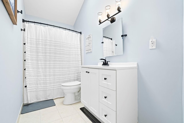 full bath featuring tile patterned flooring, a shower with shower curtain, vanity, and toilet