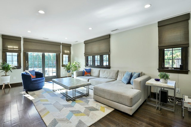 living room featuring a wealth of natural light and wood-type flooring