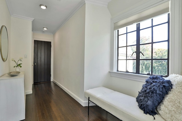 hall with baseboards, dark wood finished floors, and crown molding