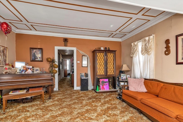 carpeted living room featuring crown molding