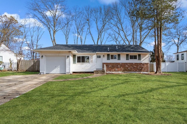 ranch-style home featuring concrete driveway, brick siding, a front lawn, and fence