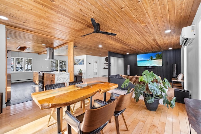 dining area featuring wood ceiling, light wood-style floors, a baseboard radiator, and a wall mounted air conditioner