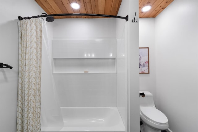 bathroom featuring toilet, wood ceiling, and recessed lighting