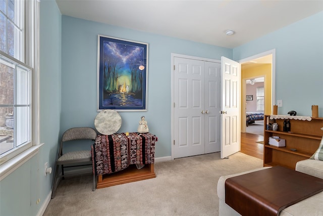 sitting room with carpet and baseboards