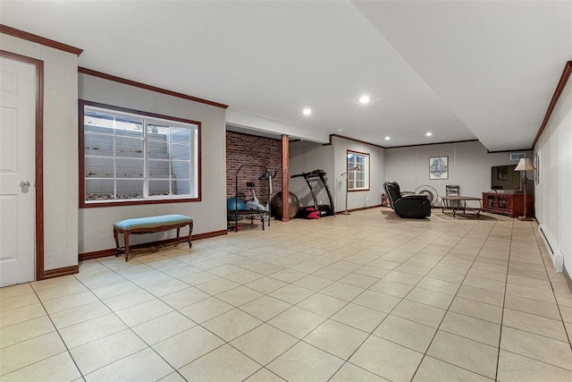 sitting room with ornamental molding, baseboards, recessed lighting, and a baseboard heating unit