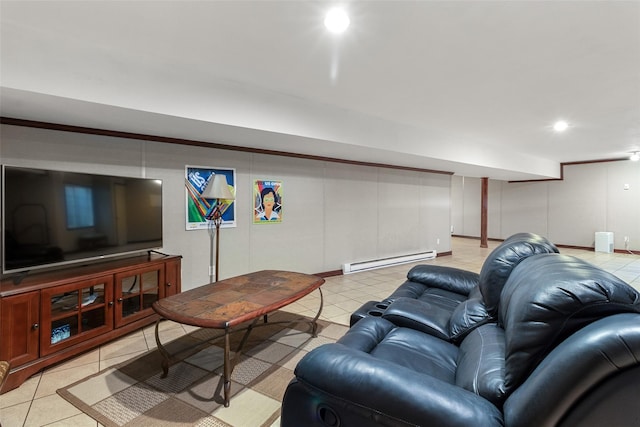 living area featuring baseboard heating, light tile patterned floors, recessed lighting, and crown molding
