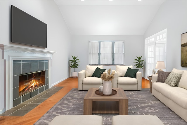 28 Teal Ln, Brewster, NY 10509 - living room featuring vaulted ceiling, a fireplace, wood finished floors, and recessed lighting