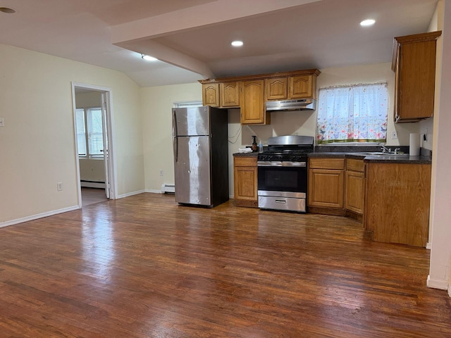 kitchen featuring under cabinet range hood, appliances with stainless steel finishes, brown cabinets, dark wood-style floors, and dark countertops