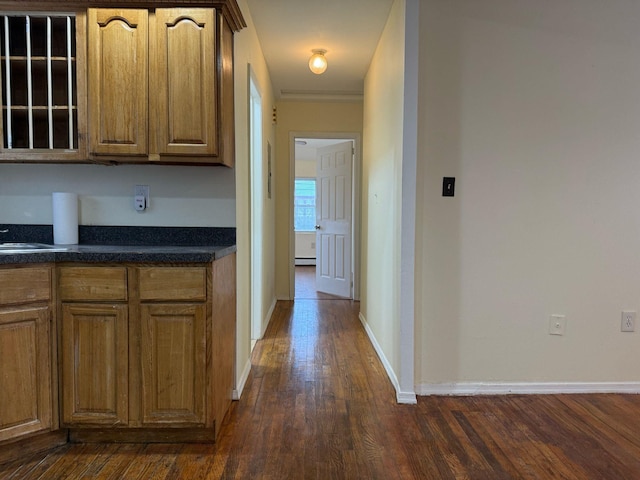 kitchen featuring dark countertops, brown cabinets, and dark wood finished floors