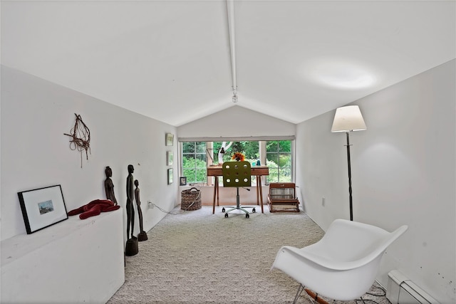 interior space with a baseboard heating unit and carpet flooring