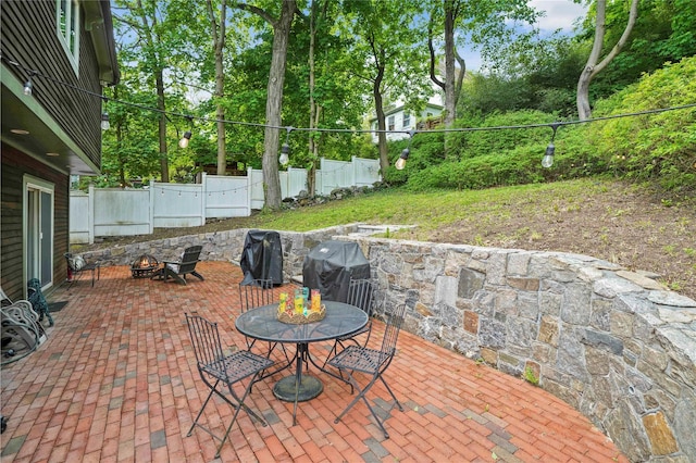 view of patio / terrace featuring a fire pit, a fenced backyard, and a grill