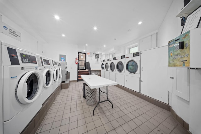 45-08 40th St Unit F32, Sunnyside, NY 11104 - common laundry area with independent washer and dryer, recessed lighting, and tile patterned flooring