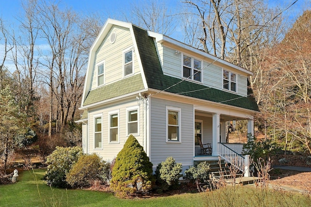 dutch colonial featuring covered porch, a gambrel roof, a front lawn, and roof with shingles