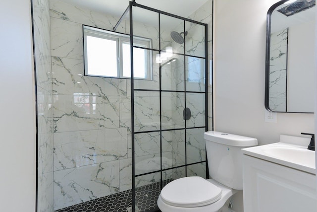 bathroom featuring a shower stall, toilet, and vanity