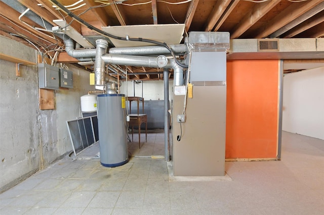 utility room featuring gas water heater, electric panel, visible vents, and heating unit