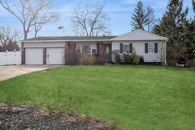 ranch-style home featuring a garage, driveway, fence, a front lawn, and brick siding