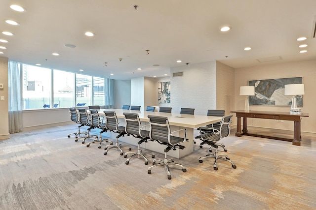 dining space with baseboards, visible vents, and recessed lighting