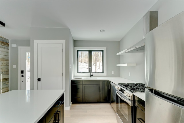 kitchen with sink, wall chimney range hood, stainless steel appliances, and light hardwood / wood-style flooring